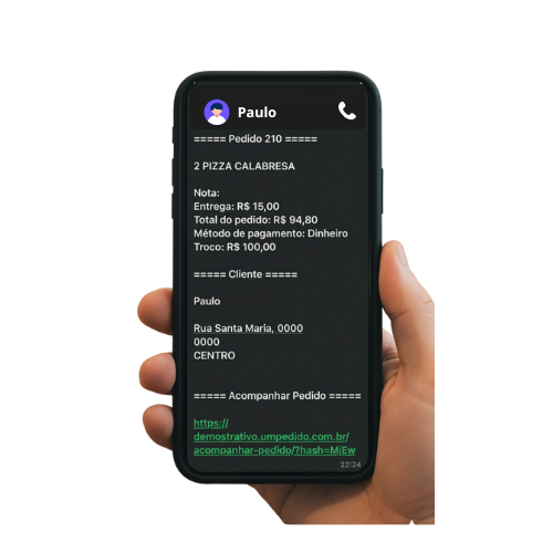 Pedido chegando pronto no WhatsApp da loja
